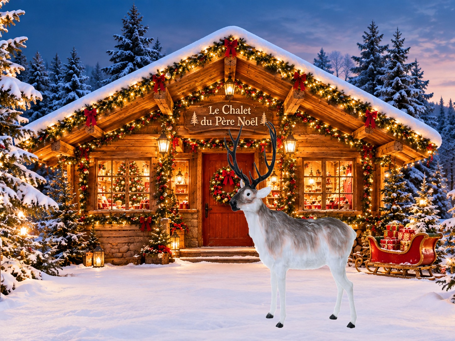 Décor original de Noël 2026 : chalet illuminé dans la neige, renne et traîneau