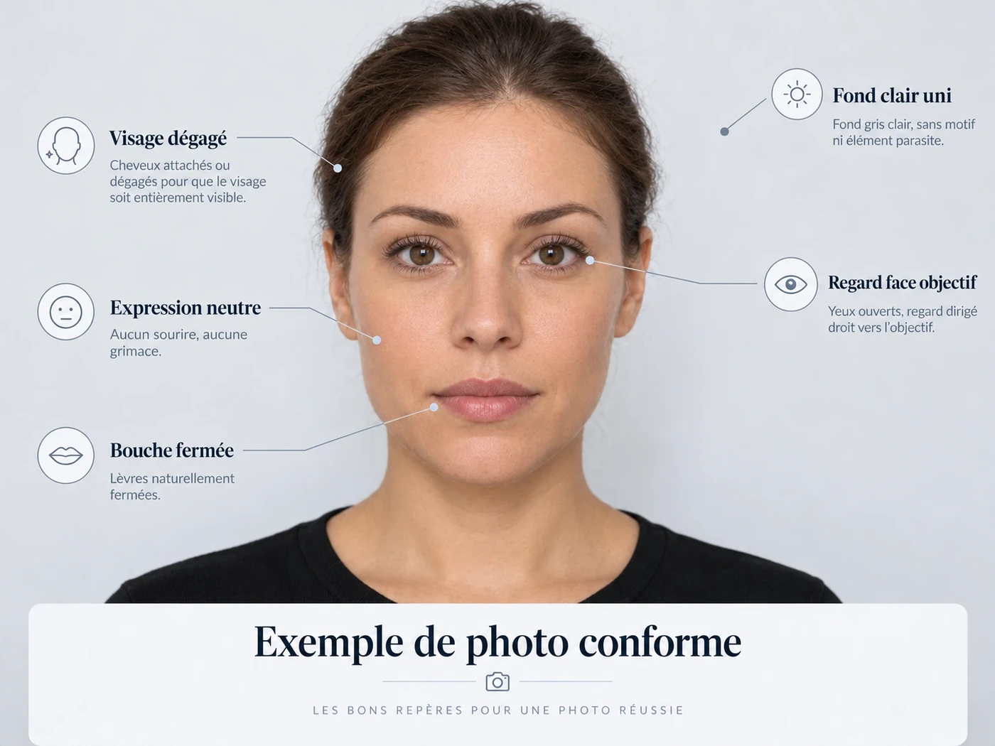 Exemple de photo d’identité conforme avec les principaux critères : visage dégagé, expression neutre, bouche fermée, regard face objectif et fond clair uni